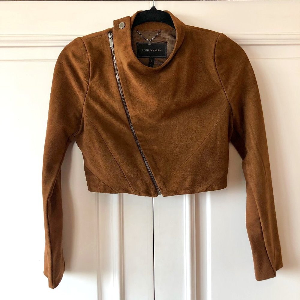 BCBGMaxAzria Vintage Cropped Vegan Suede Toffee Brown Moto Jacket - Size XXS